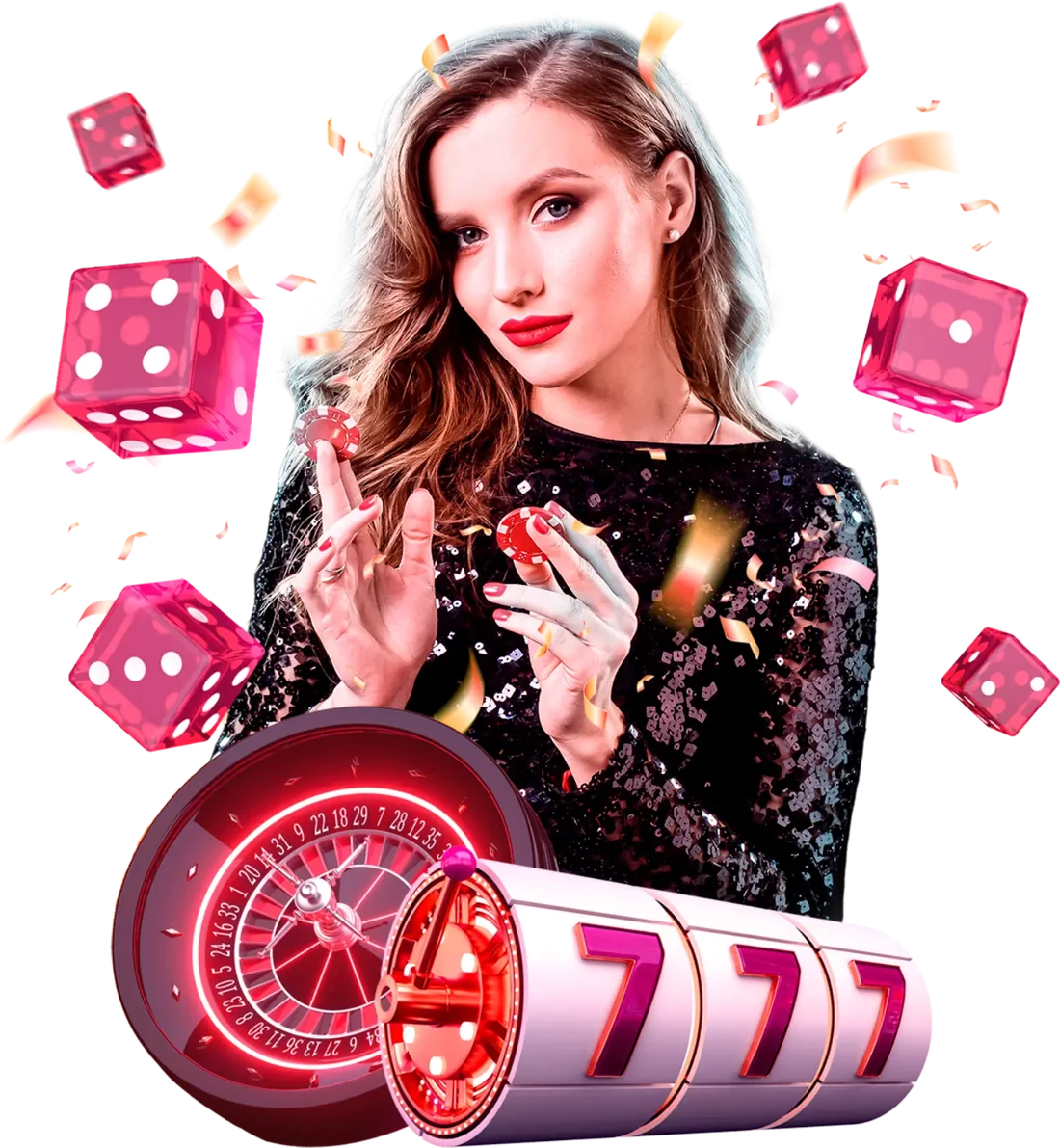 Ilustración de casino de BetPlay: ruleta, dados y máquina tragamonedas